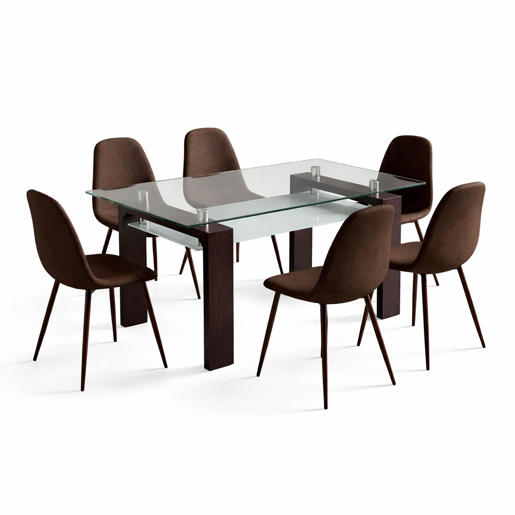 COMEDOR CRYSTAL 150X90 CAFE 6 SILLAS EAMS TAPIZADAS CAFÉ PATA METALICA CAFE