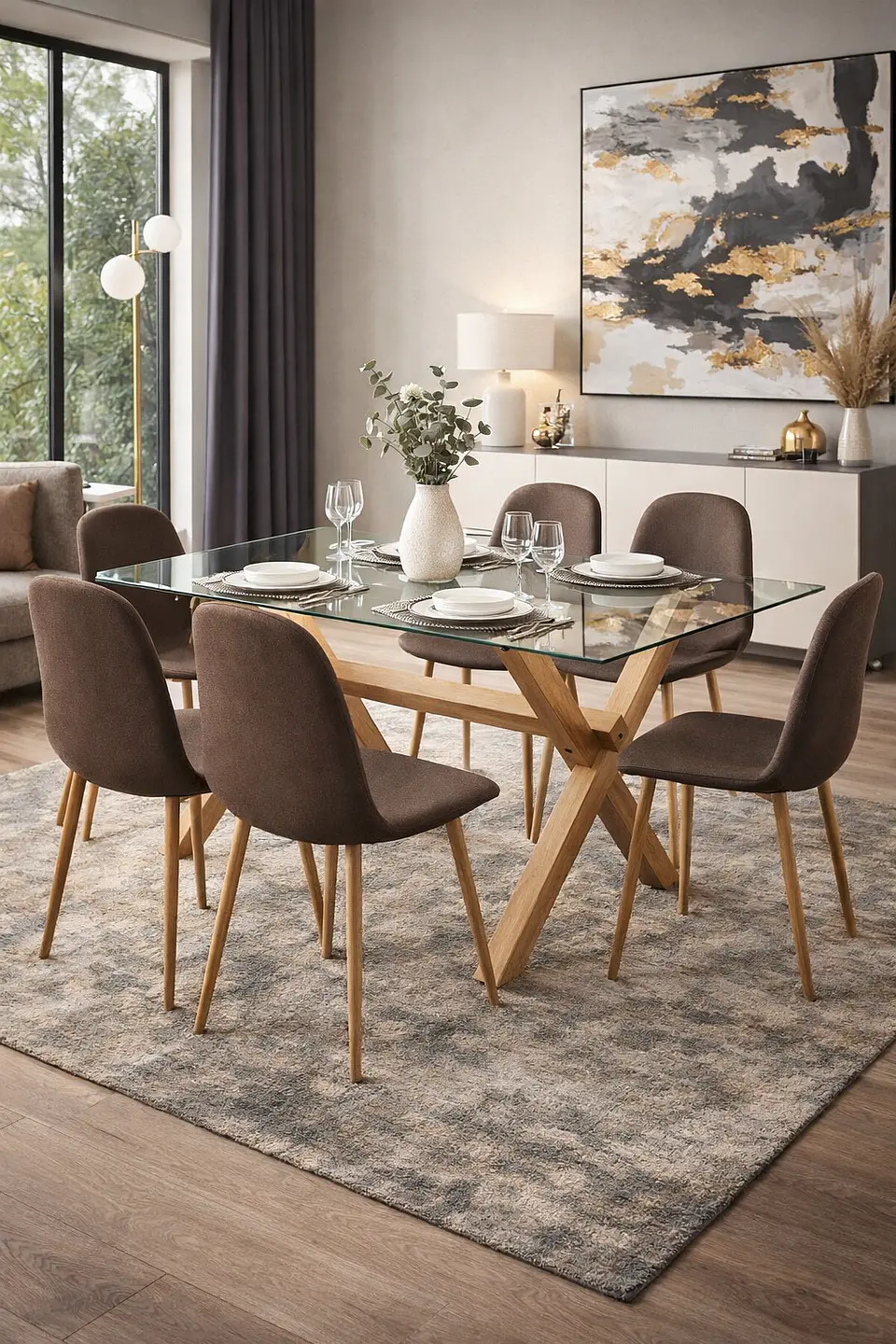 COMEDOR XTREME 150X90 NAT 6 SILLAS EAMS TAPIZ CAFÉ PATA NATURAL  2