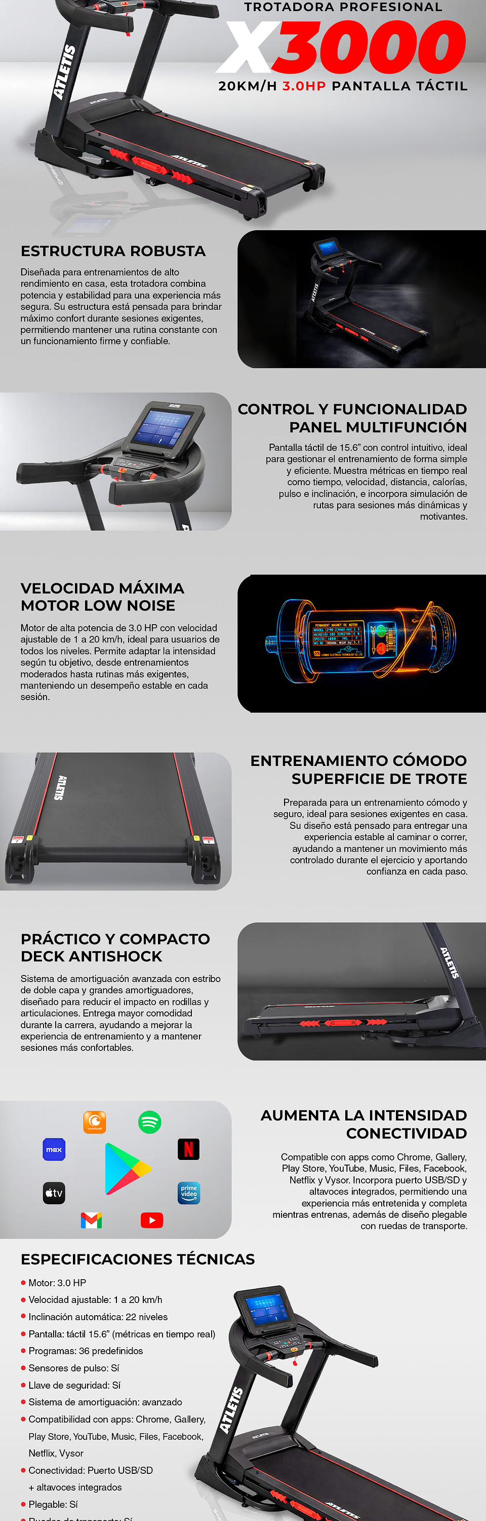 Trotadora Profesional X3000 20 km/h 3.0 HP Pantalla Táctil 8