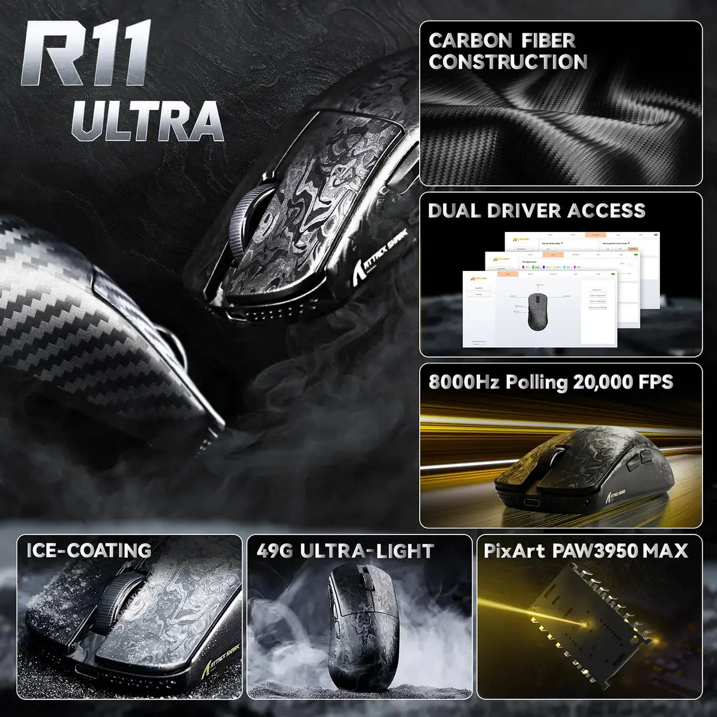 Mouse Attack Shark R11 Ultra 8k Carbon Fiber Wireless 8k Negro 8