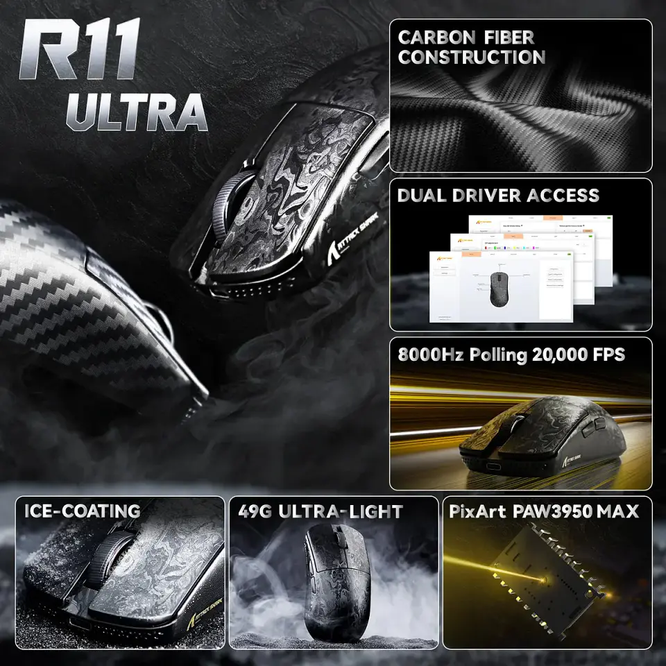 Mouse Attack Shark R11 Ultra 8k Carbon Fiber Wireless 8k Negro 8