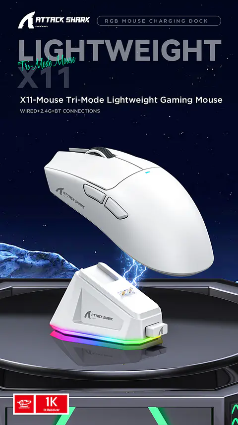 Mouse Gamer X11 Attack Shark Tri Mode 22000 Dpi Paw3311 Dock Color Negro