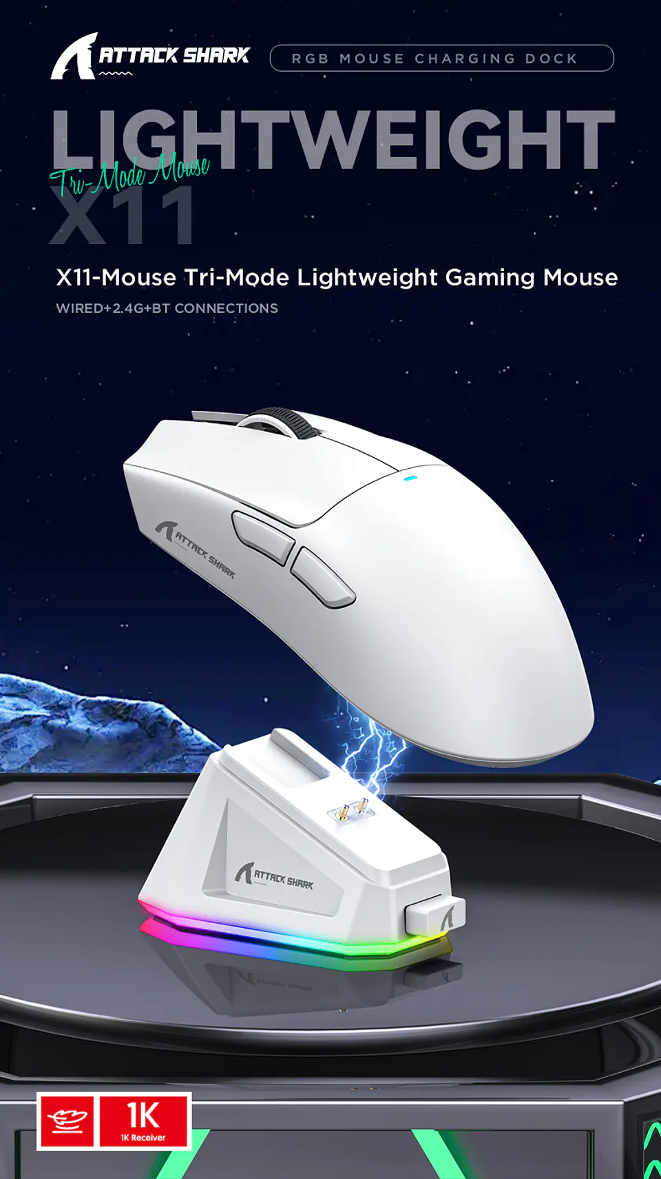 Mouse Gamer X11 Attack Shark Tri Mode 22000 Dpi Paw3311 Dock Color Negro 2
