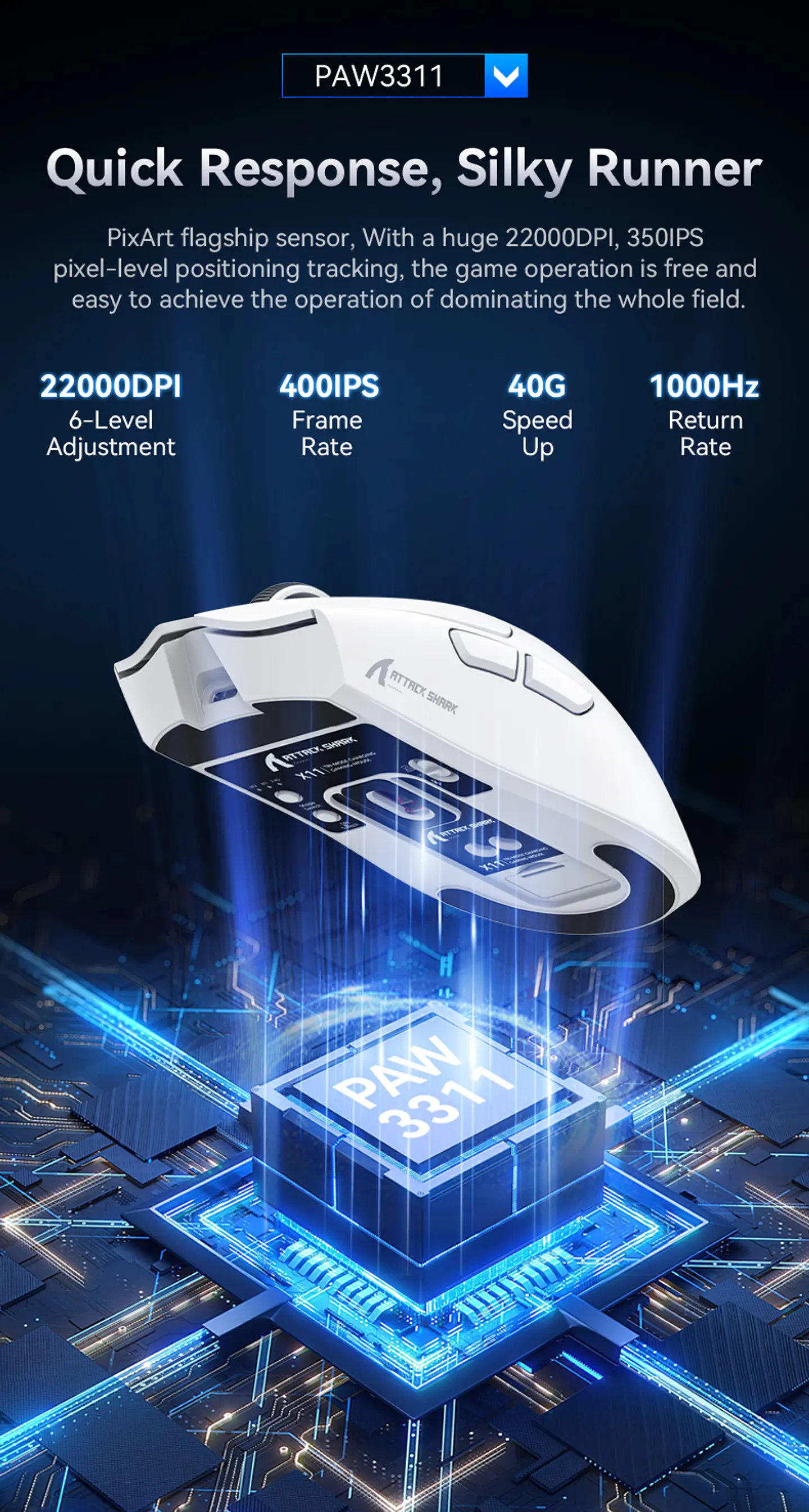 Mouse Gamer X11 Attack Shark Tri Mode 22000 Dpi Paw3311 Dock Color Negro 4
