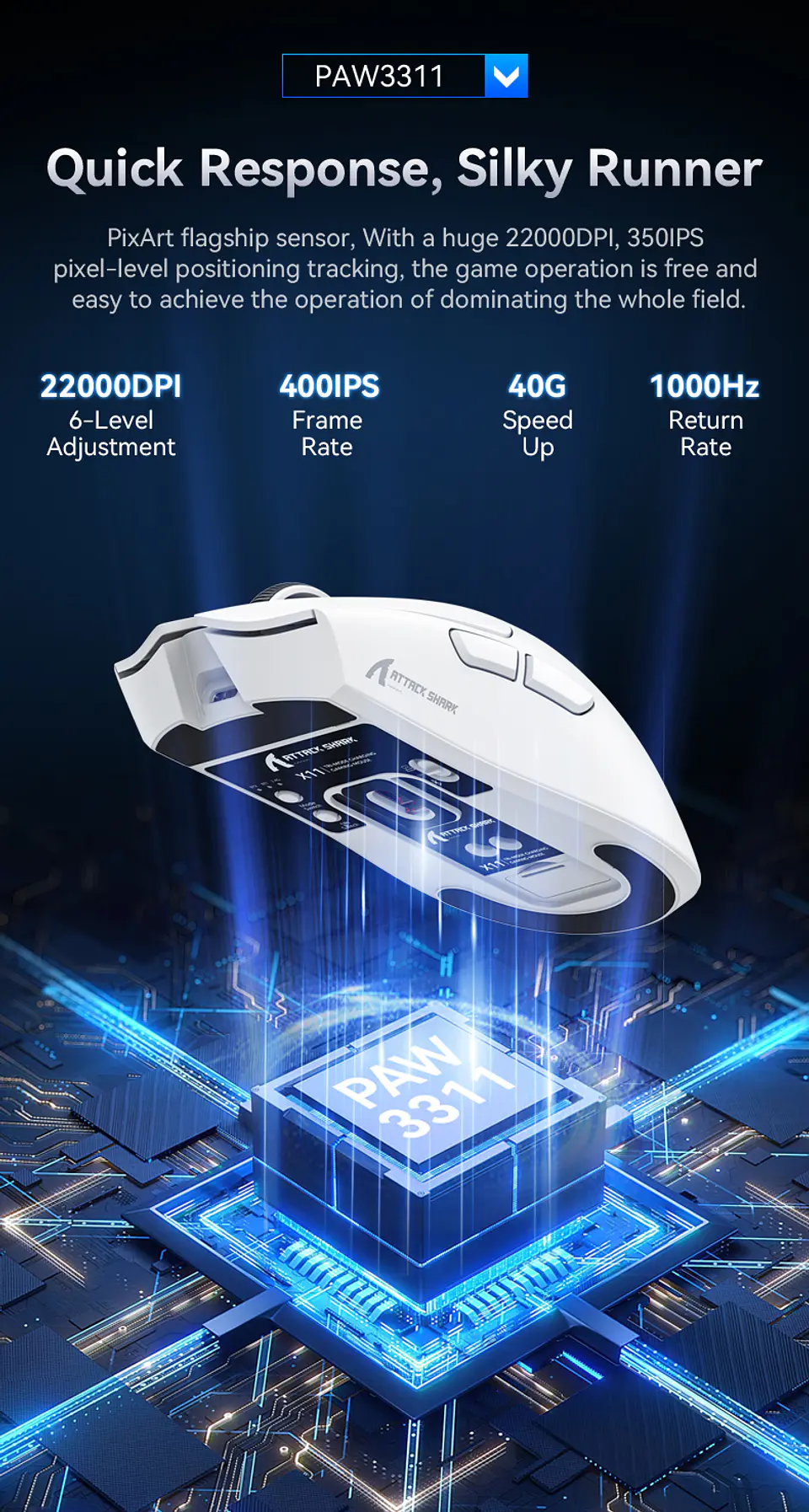 Mouse Gamer X11 Attack Shark Tri Mode 22000 Dpi Paw3311 Dock Color Negro 4