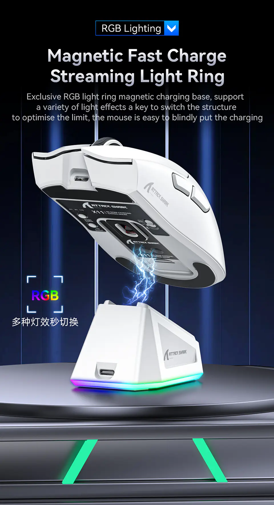Mouse Gamer X11 Attack Shark Tri Mode 22000 Dpi Paw3311 Dock Color Negro 7