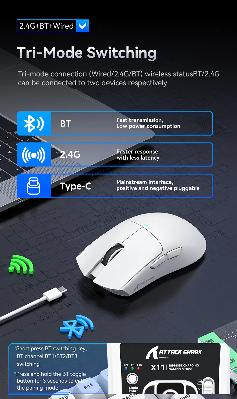Mouse Gamer X11 Attack Shark Tri Mode 22000 Dpi Paw3311 Dock Color Negro 9