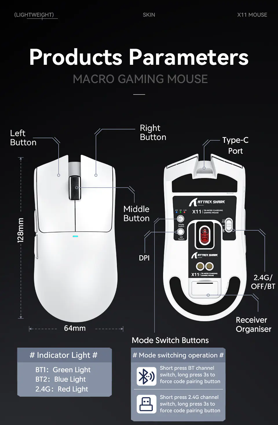 Mouse Gamer X11 Attack Shark Tri Mode 22000 Dpi Paw3311 Dock Color Negro 15