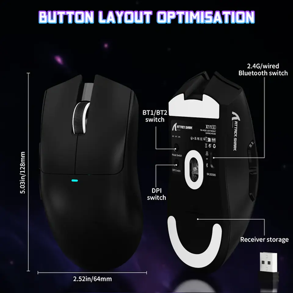 Mouse Attack Shark X11SE Inalámbrico Ultraligero Para Juegos Color Negro 7
