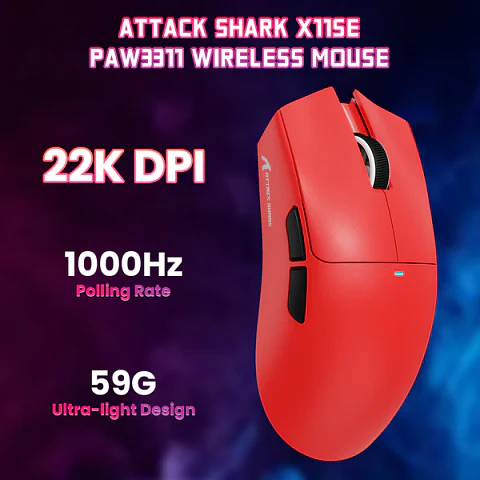 Mouse Gamer Attack Shark X11 Tri Mode 22000 Dpi Paw3311 Color Rojo