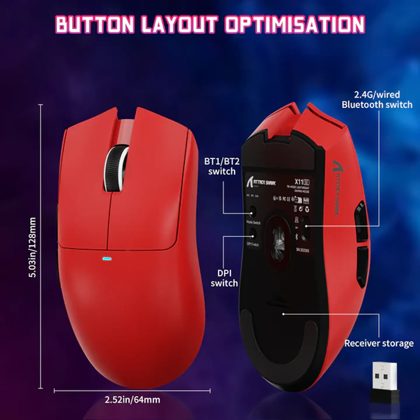 Mouse Gamer Attack Shark X11 Tri Mode 22000 Dpi Paw3311 Color Rojo 8