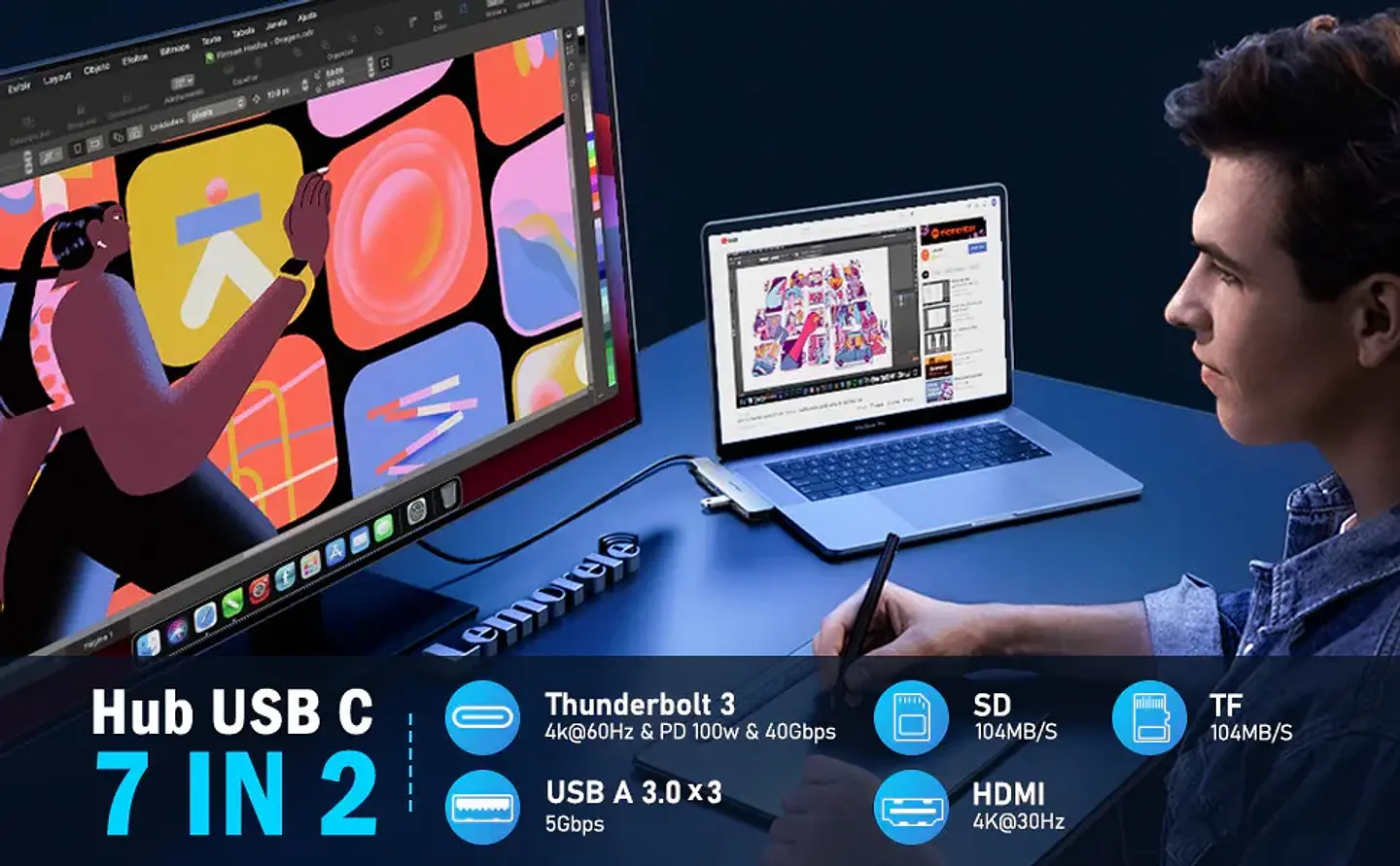 Lemorele TC52 Hub USB-C 7 en 2 para MacBook Pro y Air – Alta velocidad, diseño compacto y máxima compatibilidad 2