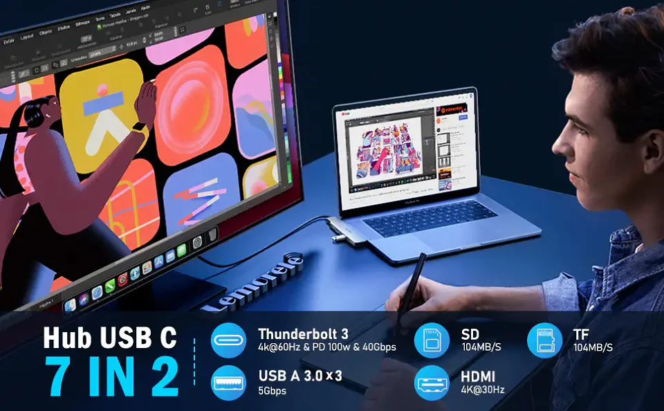 Lemorele TC52 Hub USB-C 7 en 2 para MacBook Pro y Air – Alta velocidad, diseño compacto y máxima compatibilidad 2
