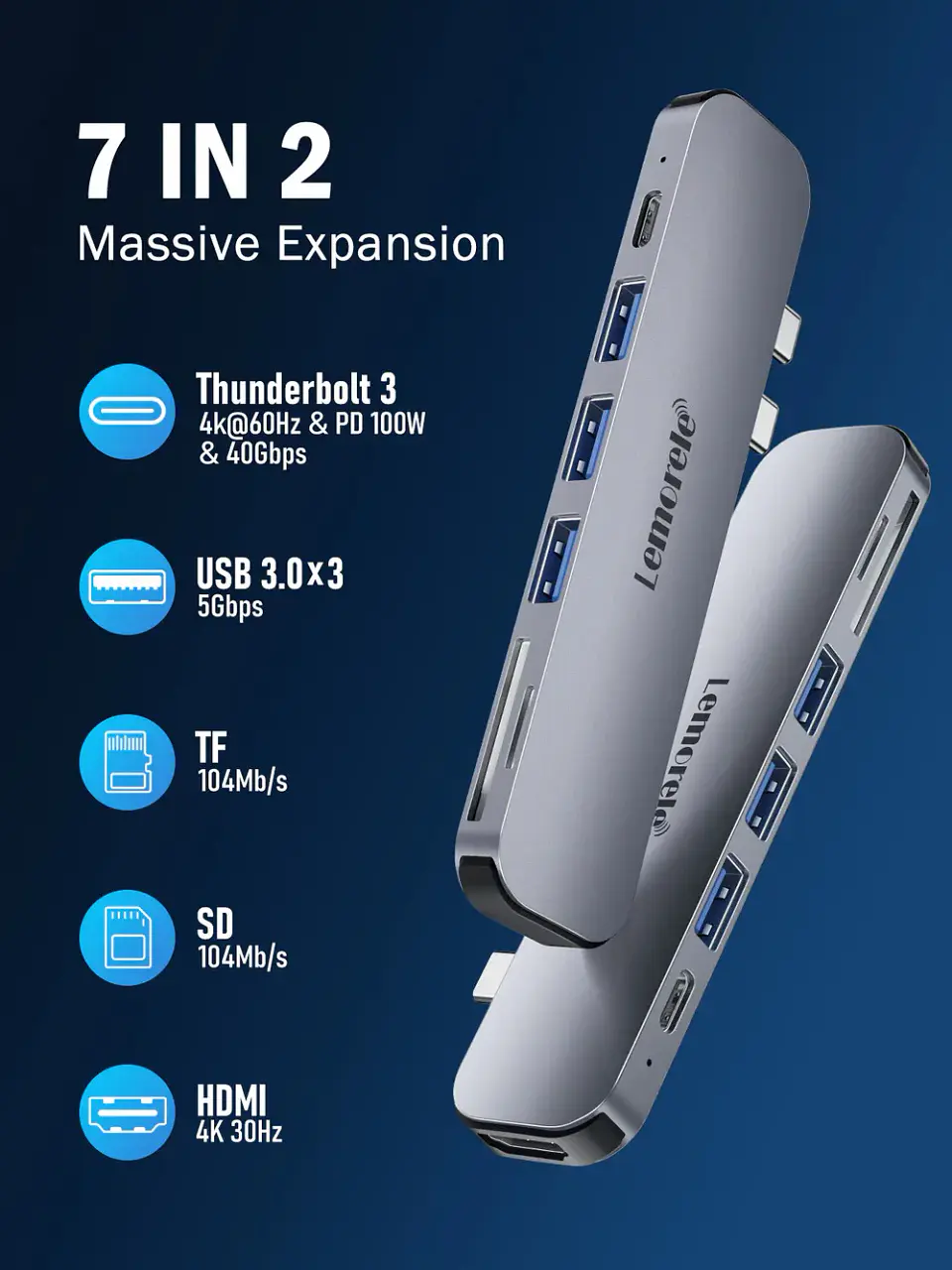 Lemorele TC52 Hub USB-C 7 en 2 para MacBook Pro y Air – Alta velocidad, diseño compacto y máxima compatibilidad 3