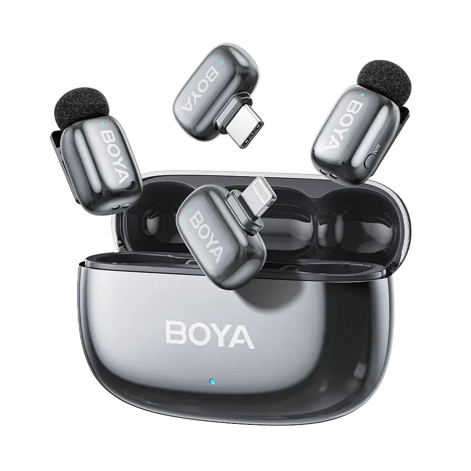 Boya BOYAMINI 2-01 Sistema de Micrófono Inalámbrico para 2 Personas Lightning y USB-C con Caja de Carga, Lunar Silver (Brillante) 1