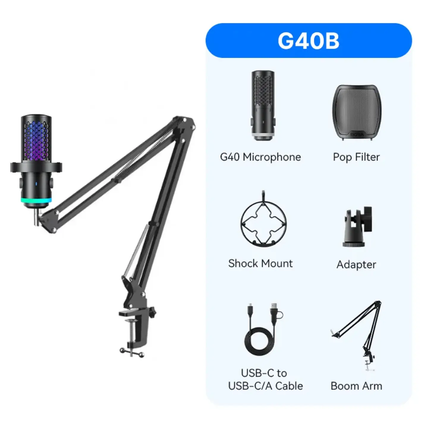 Boya Castmic G40B Micrófono Con Brazo, Luces RGB y Cancelación de Ruido USB 2