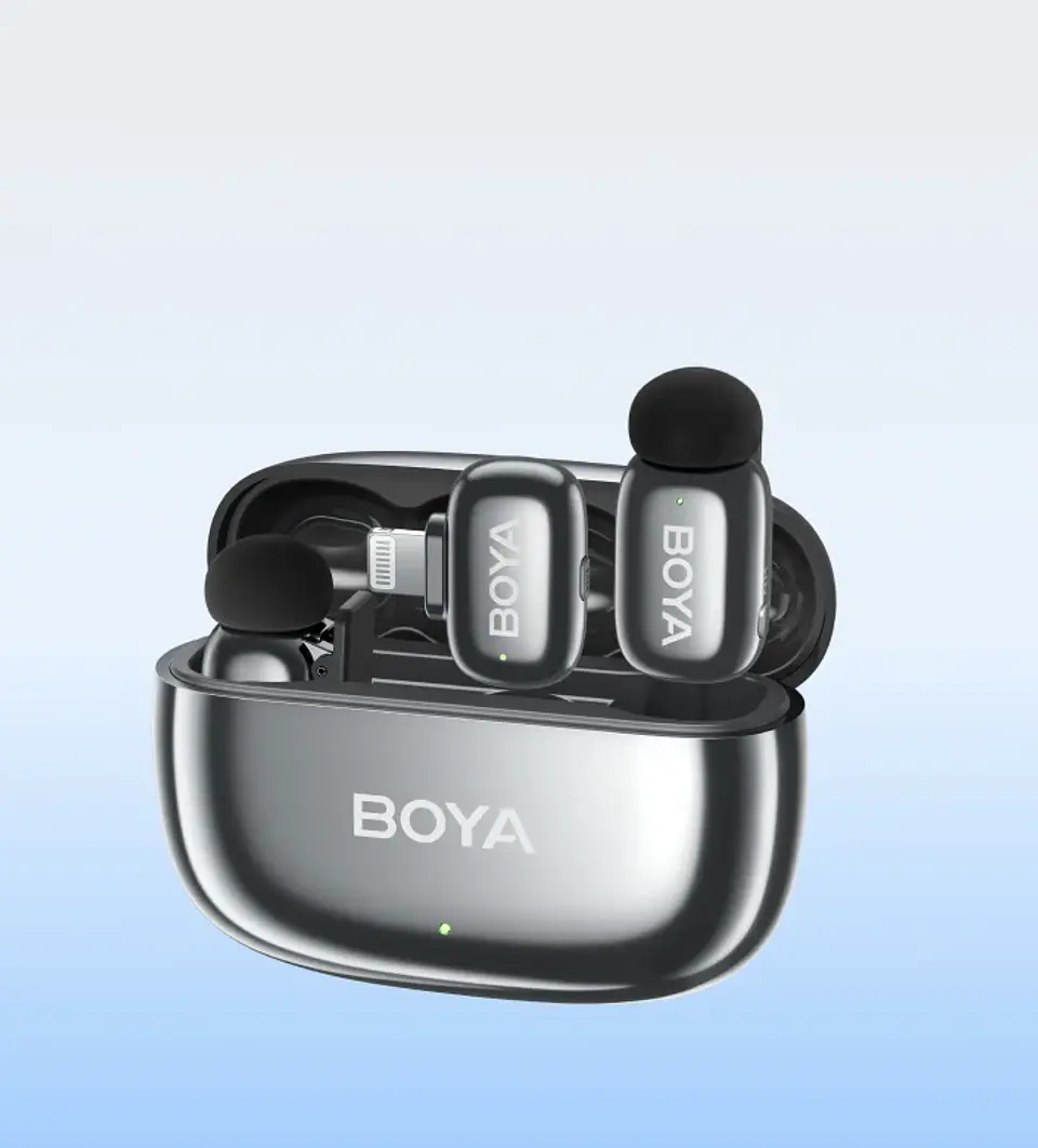 Boya BOYAMINI 2-01 Sistema de Micrófono Inalámbrico para 2 Personas Lightning y USB-C con Caja de Carga, Lunar Silver (Brillante) 5