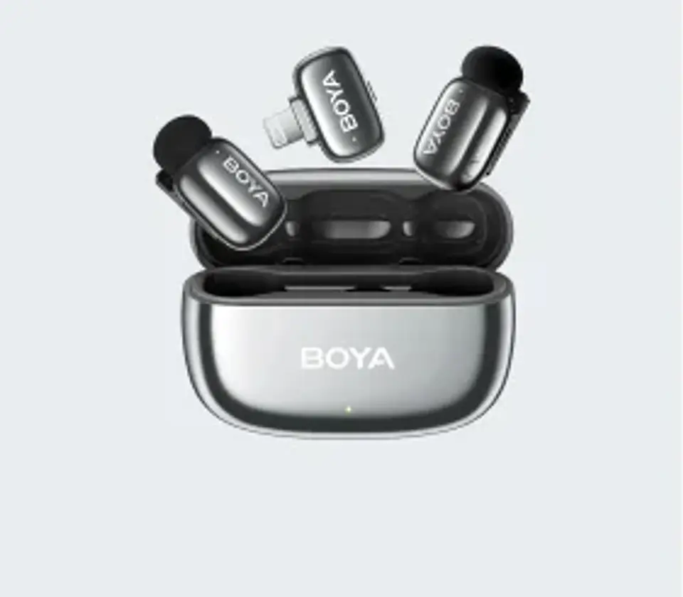 Boya BOYAMINI 2-01 Sistema de Micrófono Inalámbrico para 2 Personas Lightning y USB-C con Caja de Carga, Lunar Silver (Brillante) 6