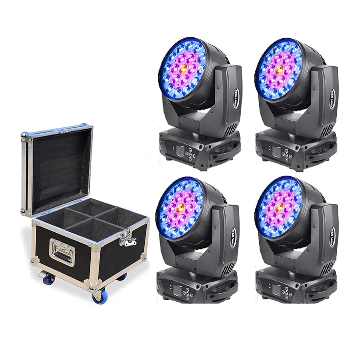 Kit*4 Cabeza Móvil Wash 19*15W + Case 1