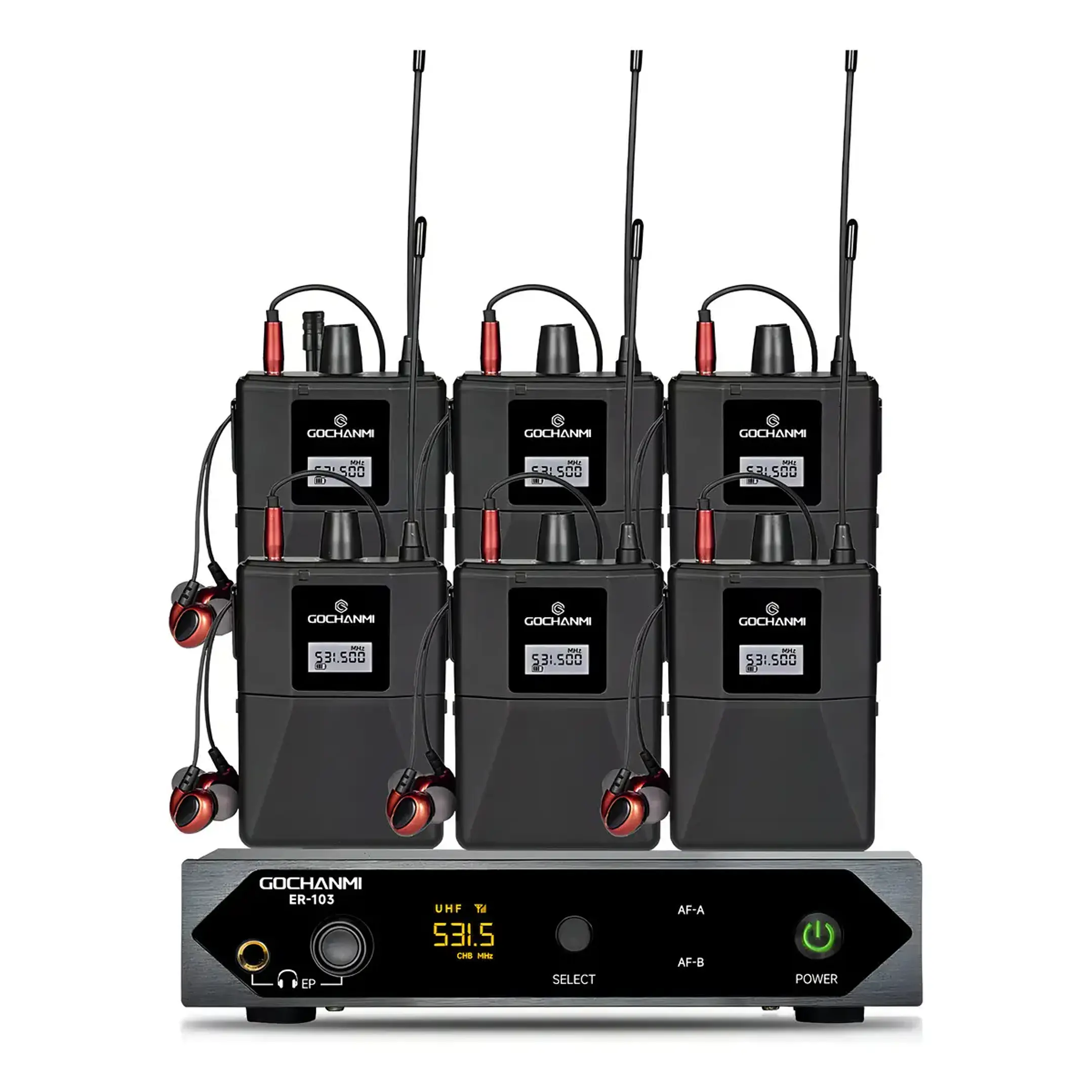 Sistema de Monitoreo Inalámbrico Gochanmi ER103 UHF con 6 Receptores y Audífonos 1