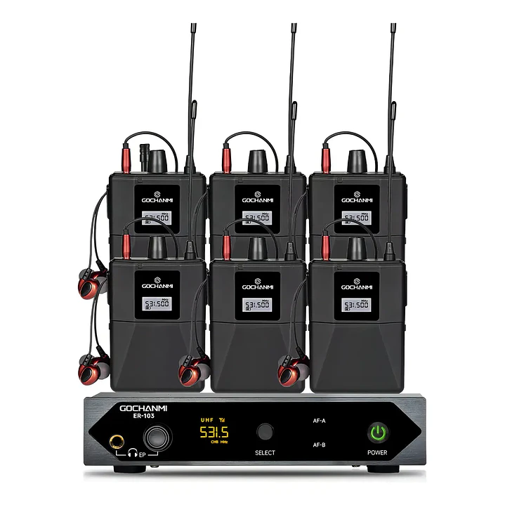 Sistema de Monitoreo Inalámbrico Gochanmi ER103 UHF con 6 Receptores y Audífonos 1