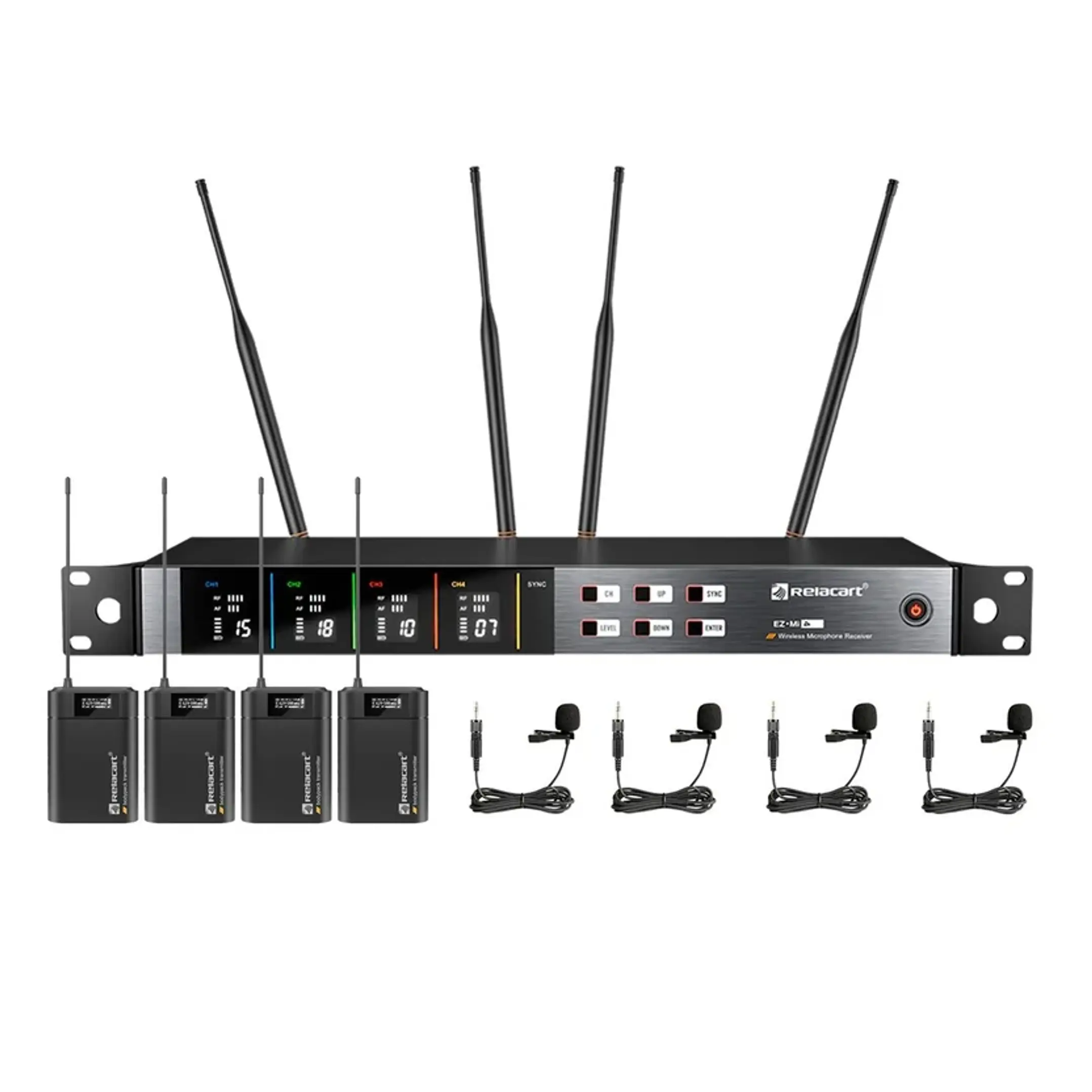 Relacart EZMI4 Sistema de Micrófono Inalámbrico UHF con 4 Lavalier LM-P01 1M 1