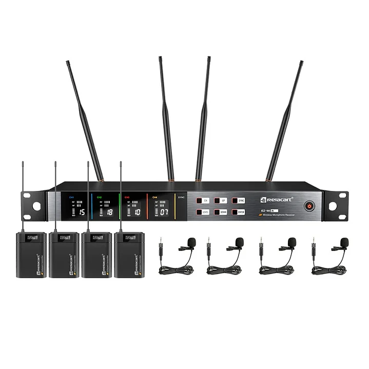 Relacart EZMI4 Sistema de Micrófono Inalámbrico UHF con 4 Lavalier LM-P01 1M 1