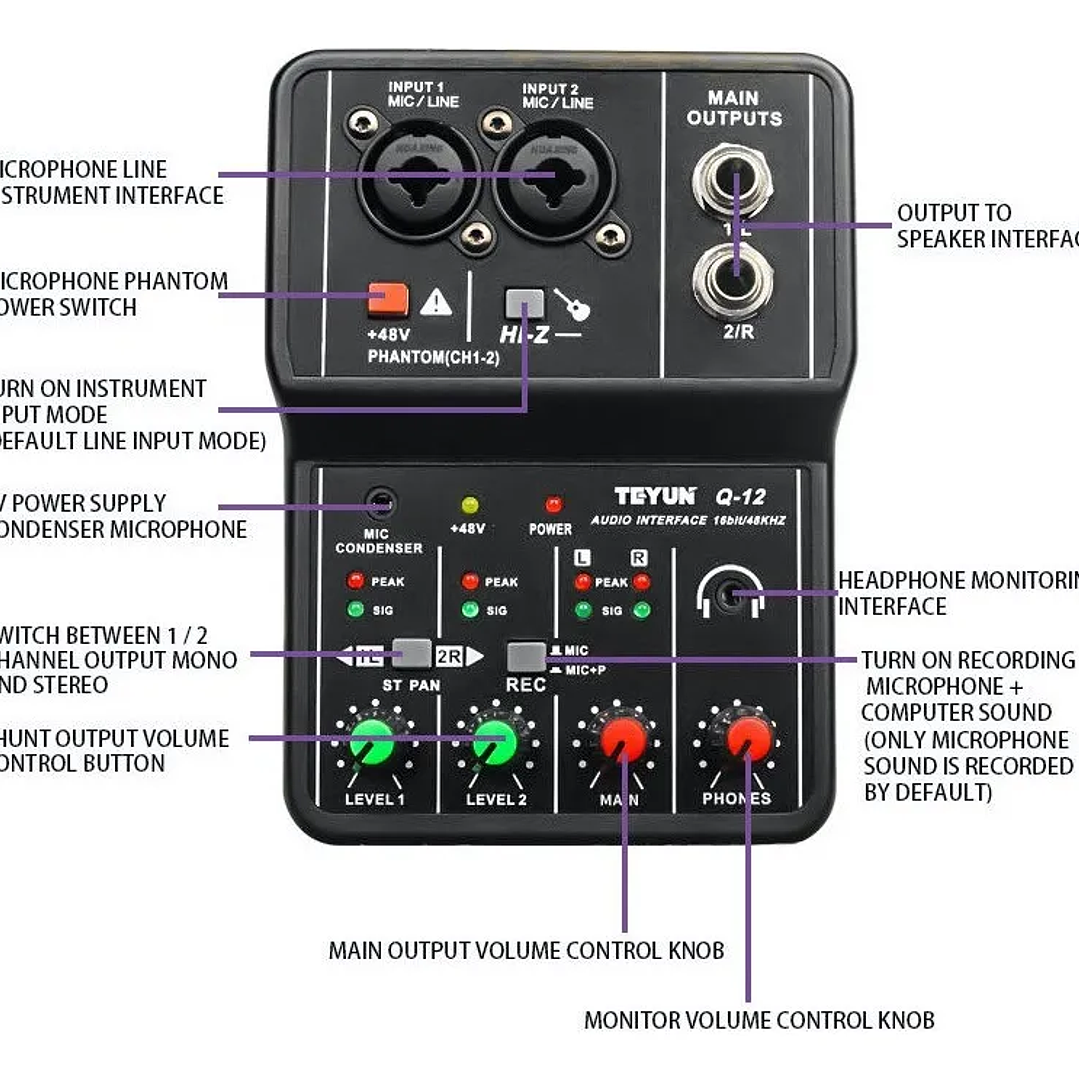 TEYUN Q-12 Interfaz de Audio USB – la solución económica y de calidad para grabación y streaming 5