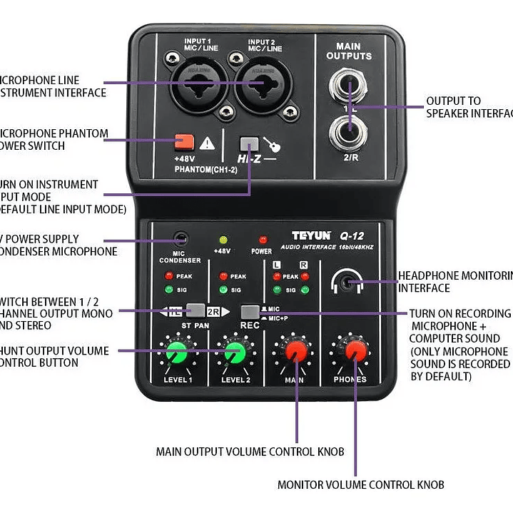 TEYUN Q-12 Interfaz de Audio USB – la solución económica y de calidad para grabación y streaming 5