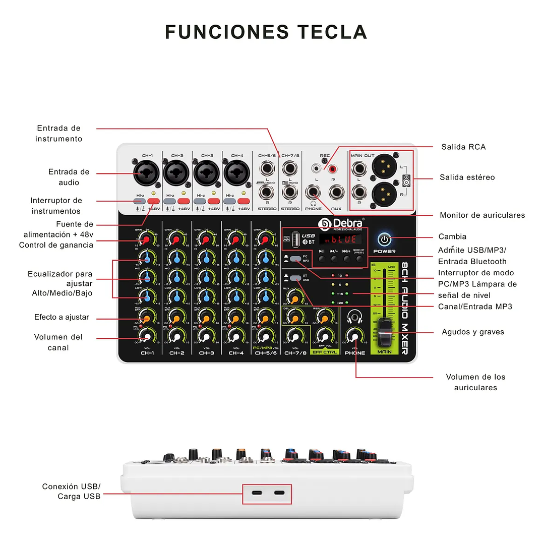 Mezcladora de Audio Debra V8 – Consola de Sonido Profesional Multicanal 3