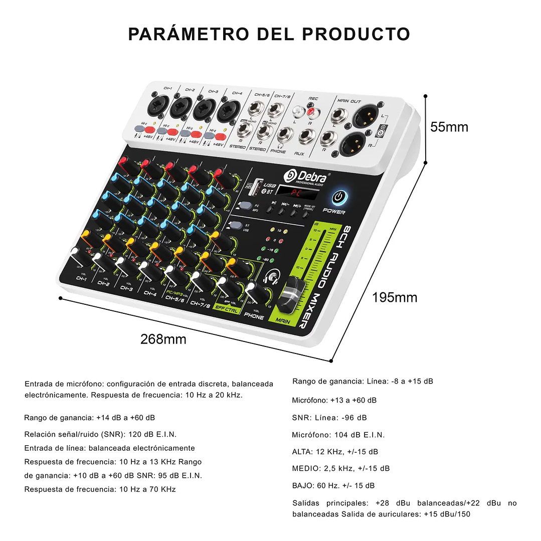 Mezcladora de Audio Debra V8 – Consola de Sonido Profesional Multicanal 6