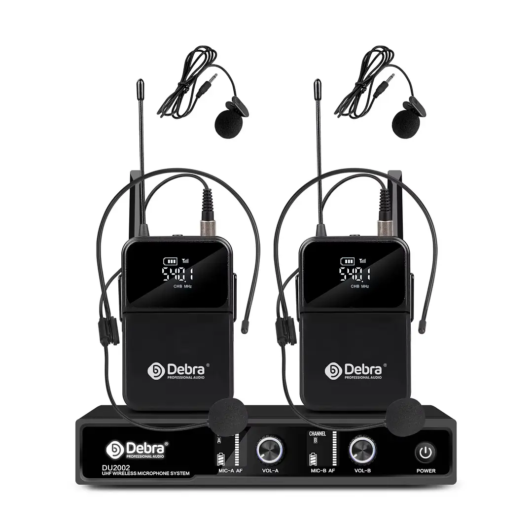 Micrófono Inalámbrico Dual Debra DU2002 UHF – 2 Headset (Micrófono de Cintillo) + 2 Micrófono de Solapa Profesional 1