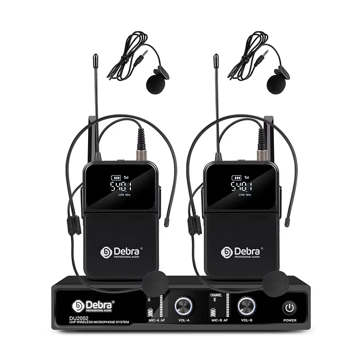 Micrófono Inalámbrico Dual Debra DU2002 UHF – 2 Headset (Micrófono de Cintillo) + 2 Micrófono de Solapa Profesional 1