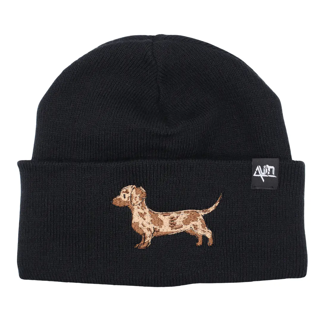 Gorro bordado con salchicha Dachshund Arlequín café  2
