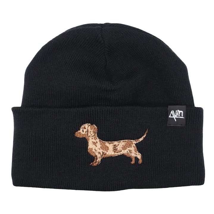 Gorro bordado con salchicha Dachshund Arlequín café  2