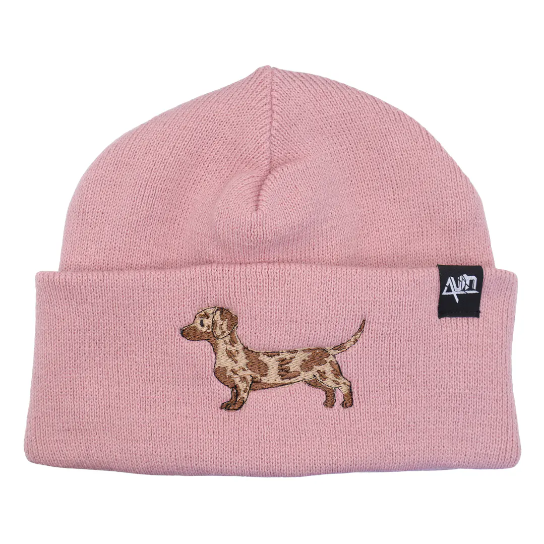 Gorro bordado con salchicha Dachshund Arlequín café  4