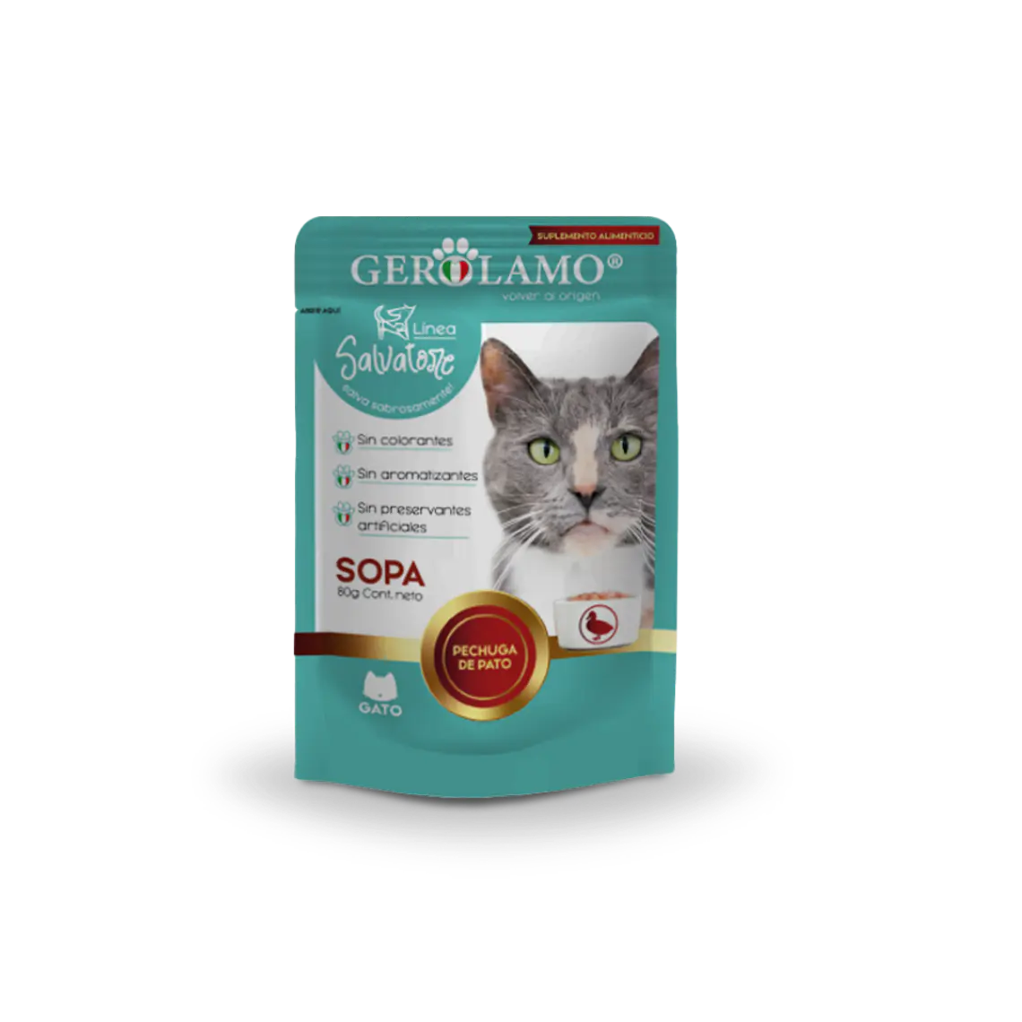 Sachet Gerolamo Gato Sopa Con Trocitos de Pechuga de Pato - 100gr 1