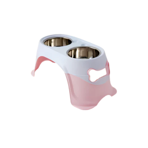 Comedero Doble en Altura Grande con Plato Acero Inoxidable - Rosado XDB-005R