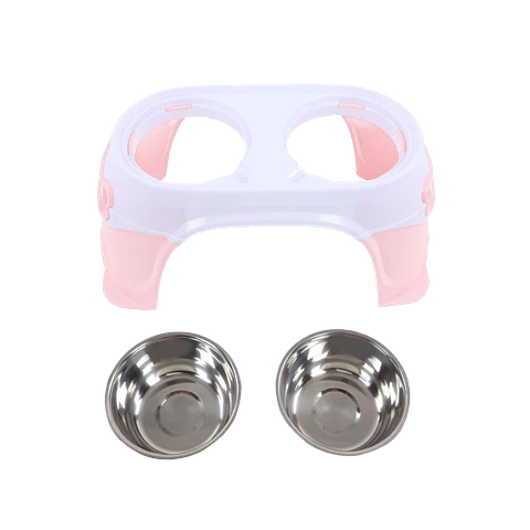 Comedero Doble en Altura Grande con Plato Acero Inoxidable - Rosado XDB-005R