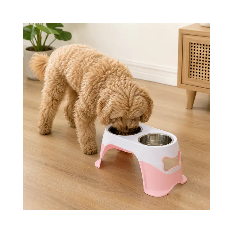 Comedero Doble en Altura Grande con Plato Acero Inoxidable - Rosado XDB-005R 3