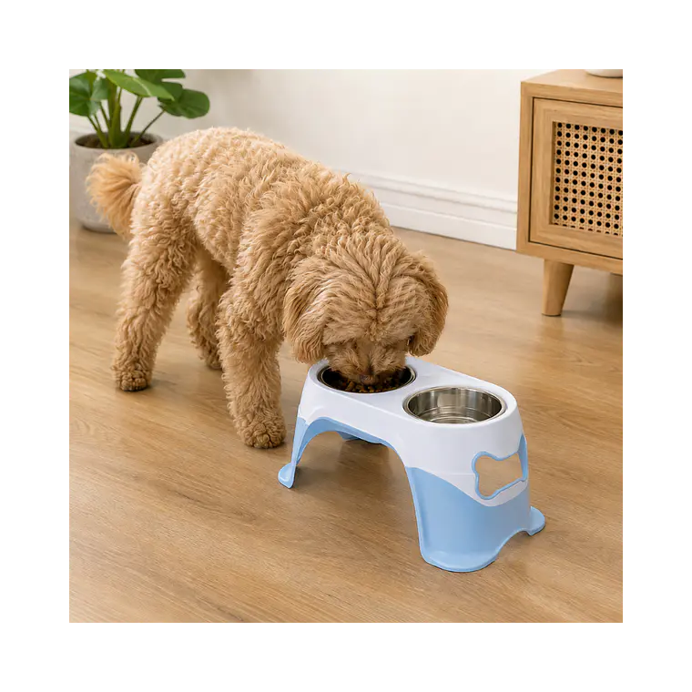 Comedero Doble en Altura Grande con Plato Acero Inoxidable - Azul XDB-005A 3