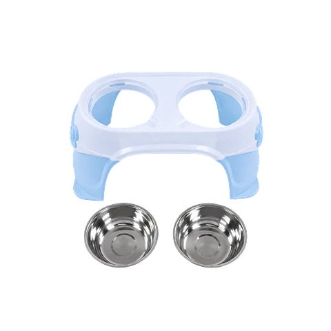 Comedero Doble en Altura Grande con Plato Acero Inoxidable - Azul XDB-005A