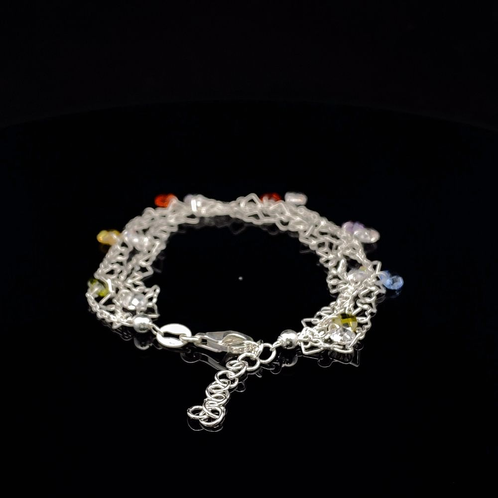 Pulsera De Plata 925 Limada y Corazones Doble Con Piedras Multicolor 