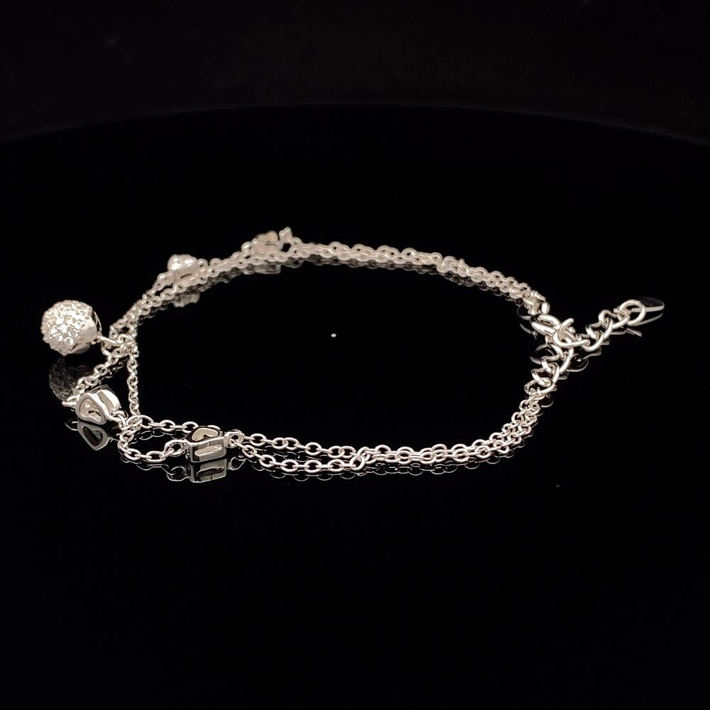 Pulsera De Plata 925 Limada Doble Con Corazón y Esfera Colgantes