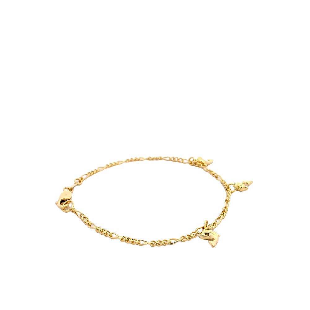 Pulsera De Oro Amarillo 18K Fígaro 3x1 Con Delfines