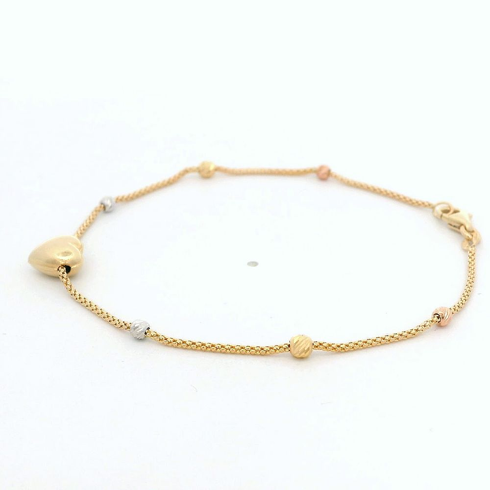 Pulsera De Tres Oro 18K Cola De Zorro Con Corazón Y Esferas