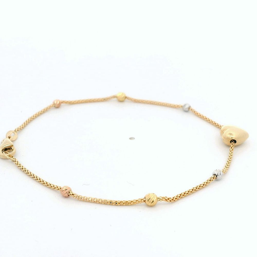 Pulsera De Tres Oro 18K Cola De Zorro Con Corazón Y Esferas