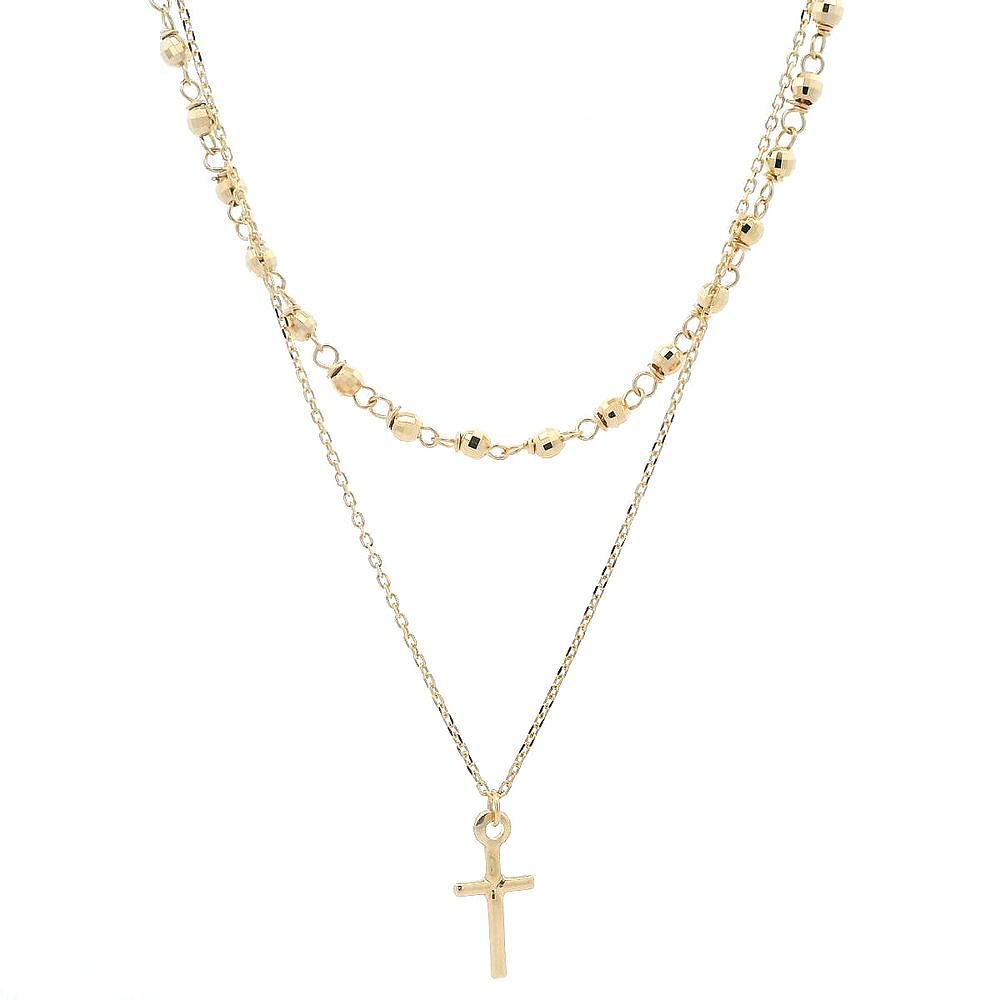 Cadena De Oro Amarillo 18K Limada Doble Con Esferas Y Cruz