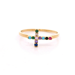 Anillo Oro Amarillo 18K - Cruz con Piedras Multicolor