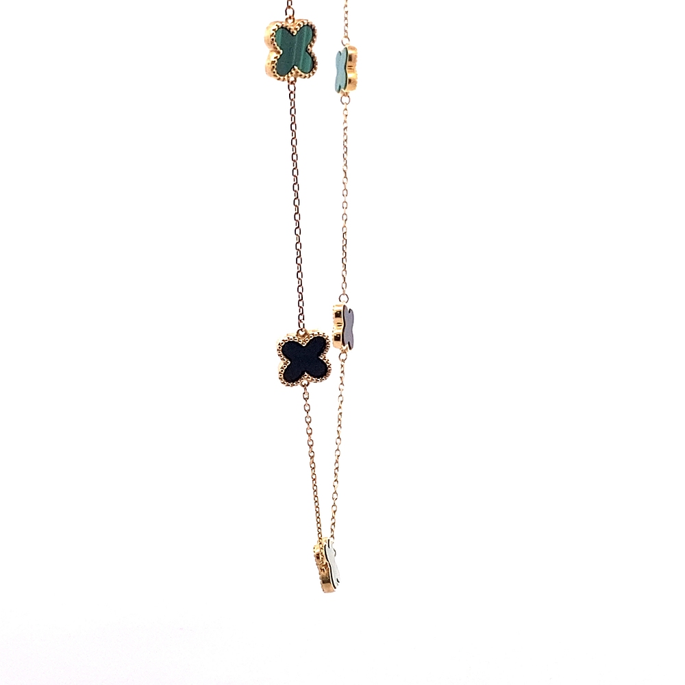 Cadena Oro Amarillo 18K - Limada con Flores, Piedras Verdes y Negras